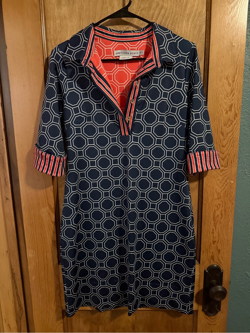 Gretchen Scott Navy Geometric Popover Dress with contrasting fold over sleeves